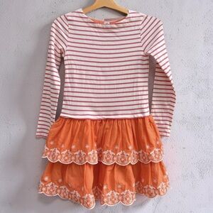 ✨✨Mini Boden Girls Orange Stripe Ruffle Dress Size 7-8 Long Sleeve Tiered Skirt